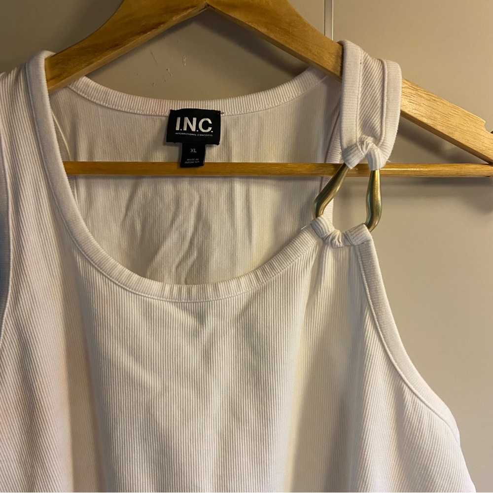 INC White Ribbed Tank Top with Funky Gold Ring Detail